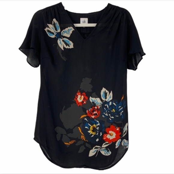 CAbi Fiore Black Floal Tunic Top Short Sleeve V-neck Pullover Semi Sheer - Picture 2 of 7